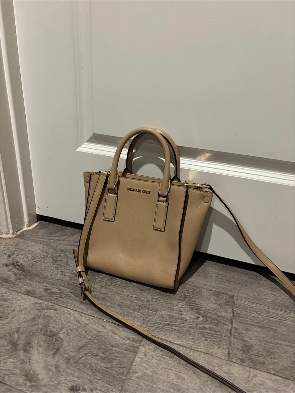 Michael Kors Taupe Leather Satchel with Gold-Tone Hardware